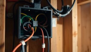 Close-up of organized wiring with visible electricity wiring colors and secured cables in junction box