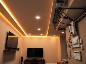 Finished basement with smart lighting, outlets, and clean electrical wiring setup for entertainment area
