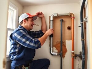 Professional plumber replacing old pipes with new plumbing lines in an older USA home.