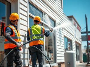 Technicians cleaning vinyl siding on a commercial retail building exterior