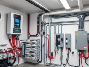 Solar panel wiring components including inverter, battery storage, and electrical panel in a home setup
