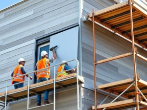 Workers replacing old siding panels on a commercial warehouse building