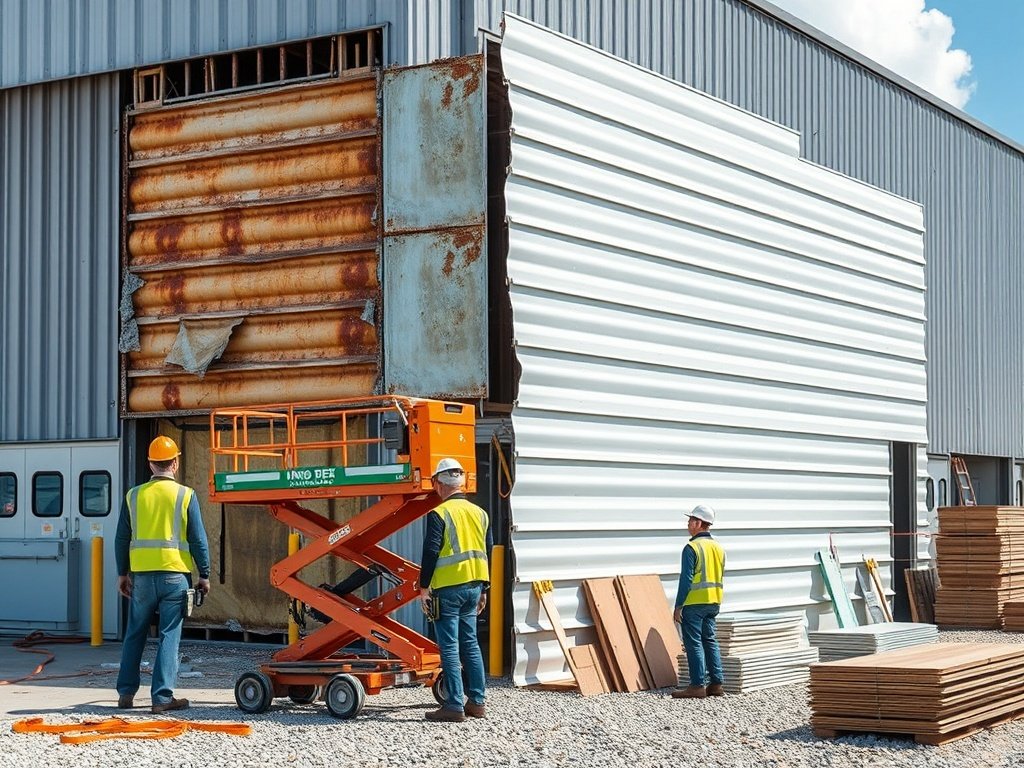 Contractor repairing damaged siding panels on a commercial building exterior