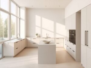 Minimalist kitchen design with clean lines, neutral colors, and low-maintenance surfaces for a simple modern look