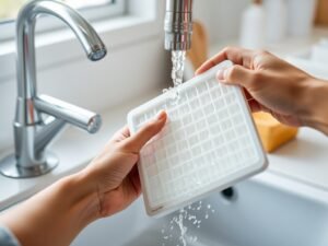 Cleaning air filter during air conditioning servicing for better airflow and efficiency