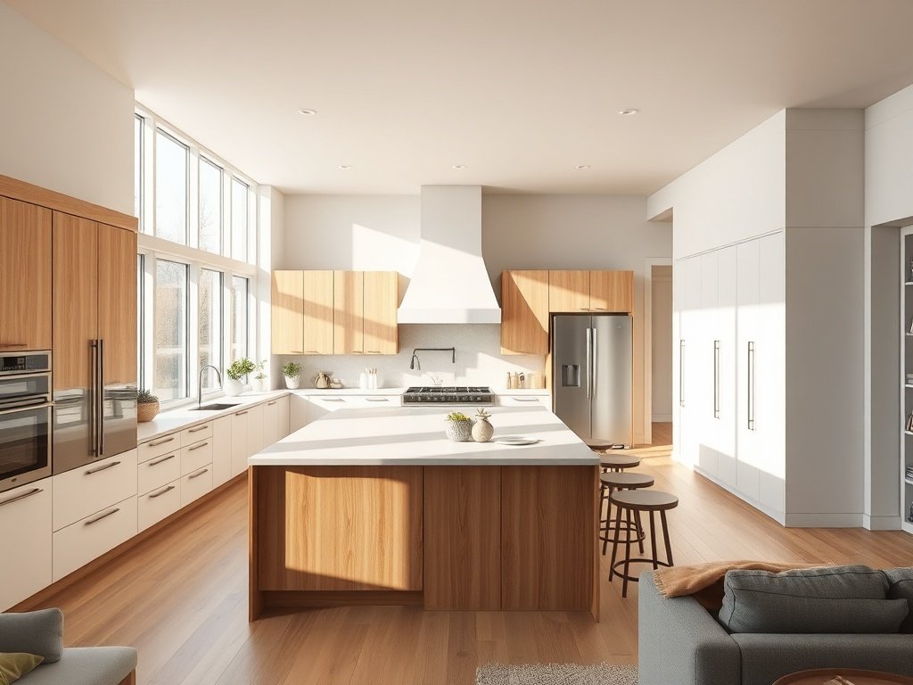 Modern open-concept kitchen design in the USA with island, quartz countertops, and natural lighting reflecting current kitchen trends
