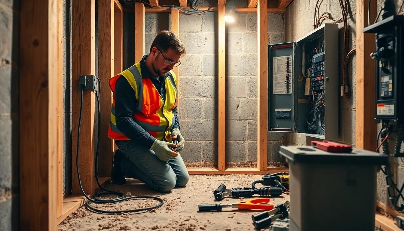 Electrician installing basement electrical wiring through exposed studs with tools and open panel