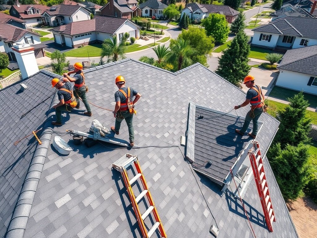 Professional crew performing roof replacements on a US suburban home
