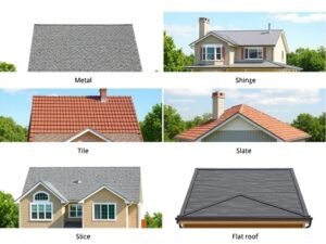Different roof types found in the USA including shingles, metal, tile, slate, wood shake, and flat roofs
