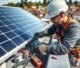 Professional installing electrical wiring for solar panels safely on a residential rooftop