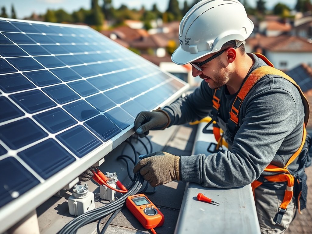 Professional installing electrical wiring for solar panels safely on a residential rooftop