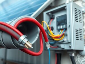 Close-up of electrical wiring for solar panels showing DC and AC connections in a clean setup