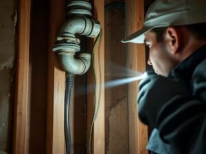 Plumber inspecting leaking corroded pipe inside wall of old house.