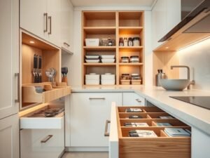 Smart kitchen storage solutions with pull-out drawers and organized cabinets for a clutter-free modern kitchen
