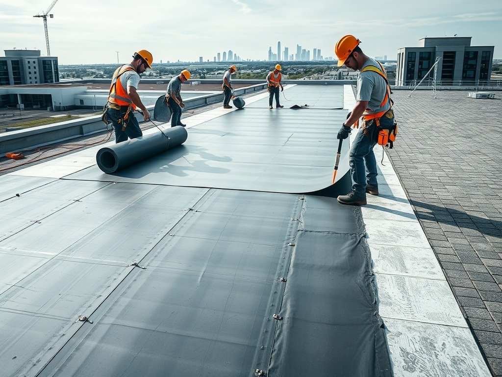 Roofing workers installing waterproof membrane during commercial flat roof replacement on a large building.