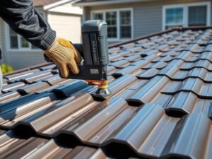 Worker installing metal roofing shingles on a modern residential roof with reflective finish.