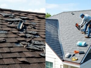 Roofing contractor replacing damaged shingles with new asphalt shingles on a residential roof.