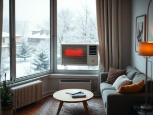 Window AC heat pump heating a small apartment living room during cold winter weather.