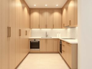 Compact basement kitchenette with smart storage, small sink, light floor tiles, and modern backsplash design.