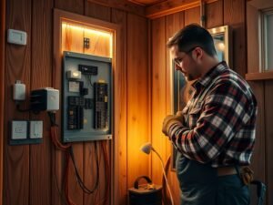 Electrician upgrading smart electrical systems inside an old US home with modern wiring and lighting