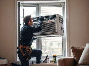 HVAC technician fitting a window AC heat pump into a residential window during installation.