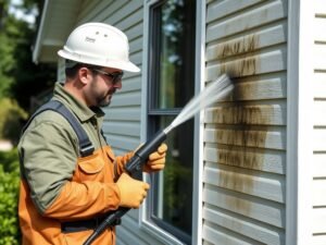 Professional siding cleaning technician pressure washing green algae and mold from white house siding during exterior maintenance