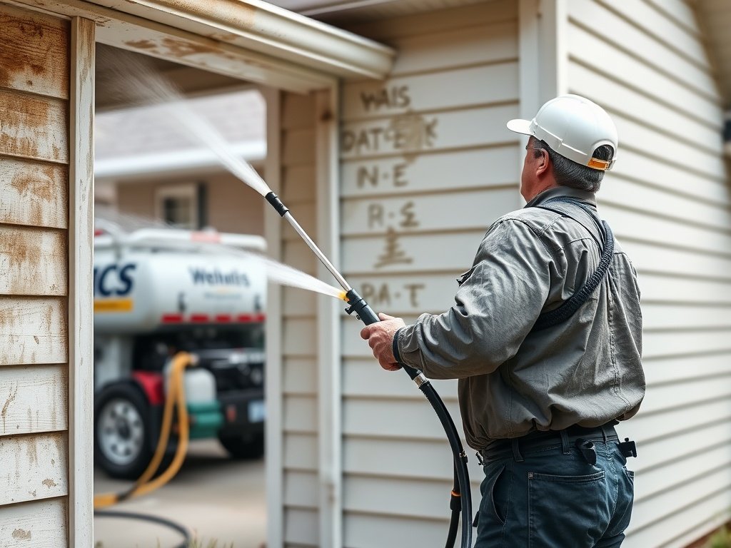 Expert cleaner using soft washing equipment to clean dirty vinyl siding on a modern American home exterior