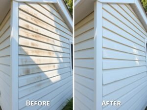 Before and after view of aluminum house siding cleaning showing removal of dirt, stains, and oxidation buildup