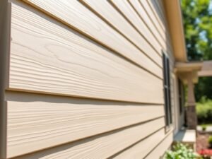 Clean and freshly washed fiber cement siding shining in natural daylight outside a suburban USA home