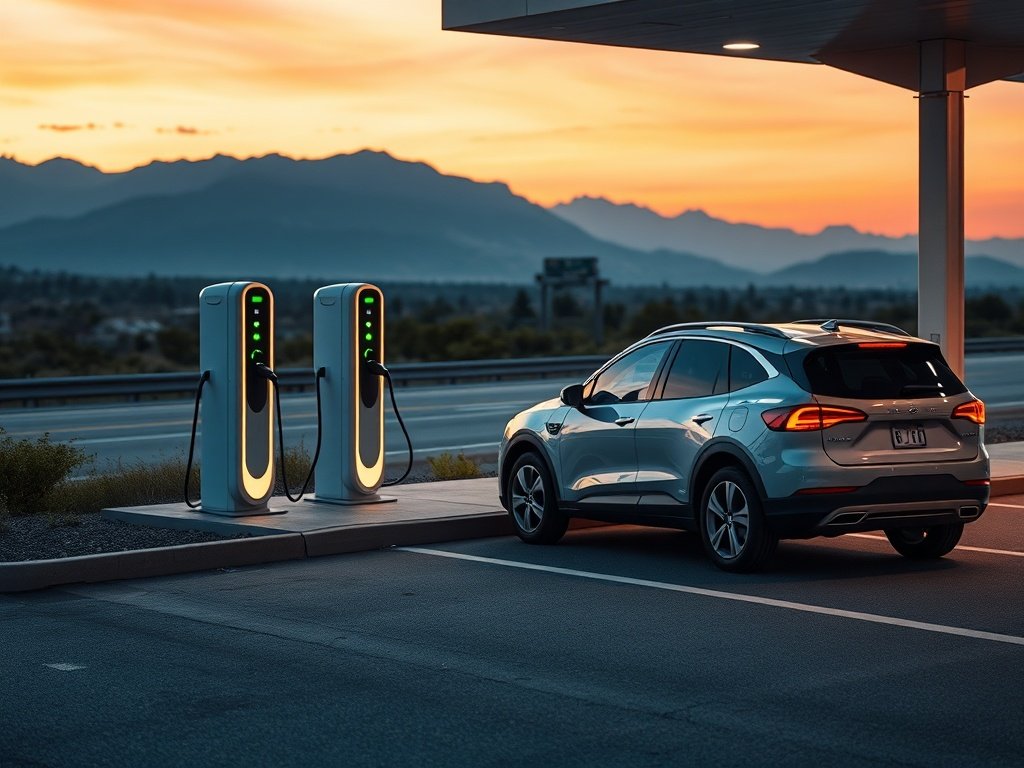 Electric vehicle charging at a highway stop during a long road trip.