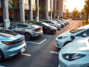 EV charging stations installed in a workplace parking lot for employees.
