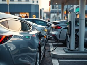 Electric cars charging at a public fast charging station in an urban area.