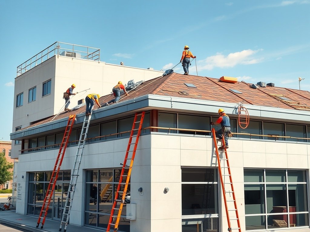 Workers installing a new flat roof membrane on a modern building
