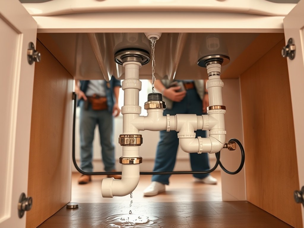 Incorrectly installed kitchen sink P-trap causing drainage and plumbing problems during a DIY project.