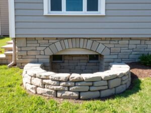 Stone window well built with natural stones enhancing basement exterior and drainage protection
