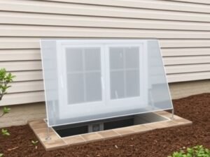 Simple window well cover protecting basement window well from leaves and rain