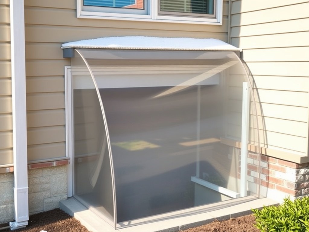 Polycarbonate window well cover installed over basement window allowing light while blocking debris and water