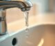 Close-up of a dripping kitchen faucet with a single water drop showing a common plumbing problem.