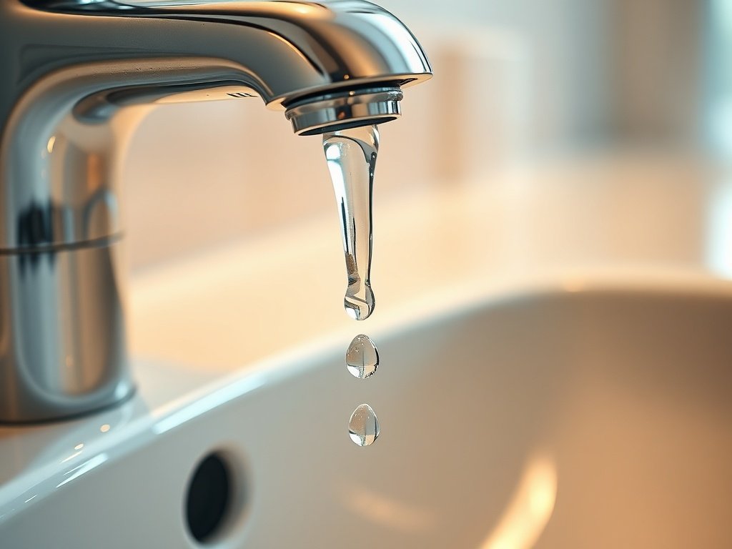Close-up of a dripping kitchen faucet with a single water drop showing a common plumbing problem.