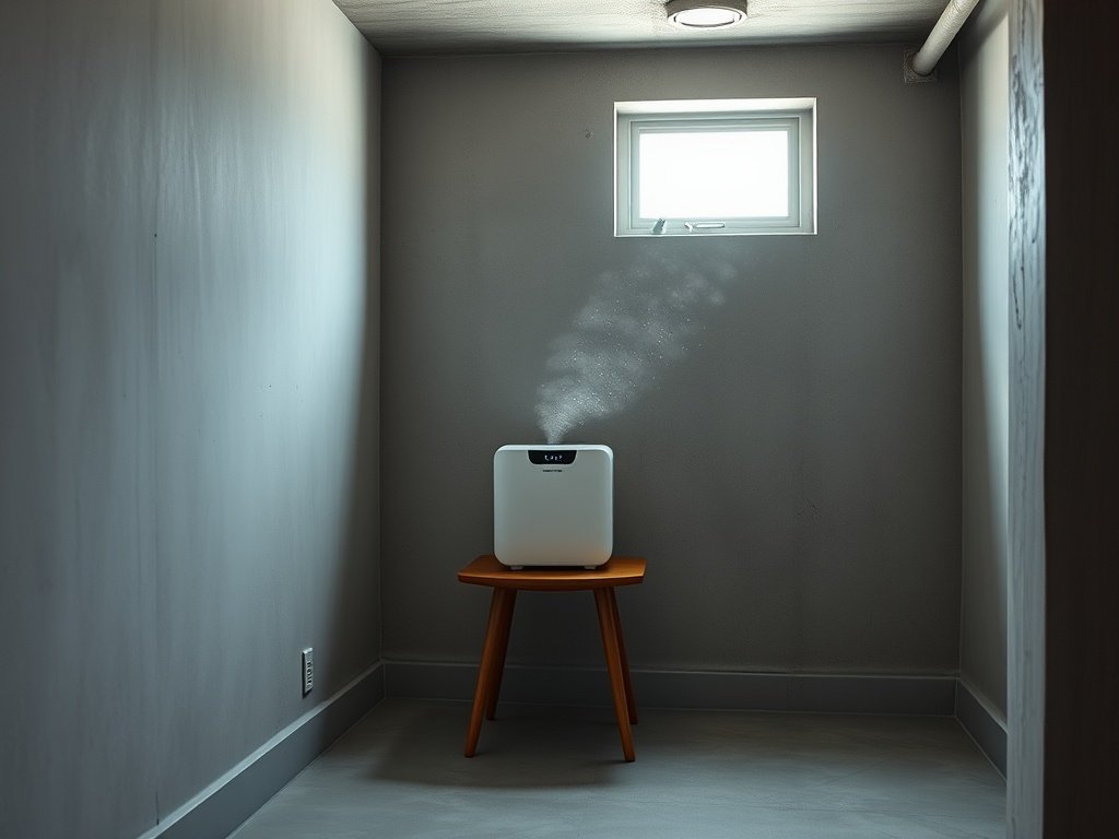Air purifier running in a basement to remove mold spores and improve indoor air quality.