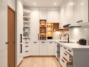 Stylish small kitchen makeover with glossy finishes and organized layout
