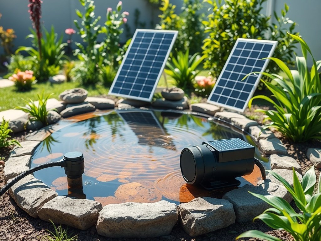 A peaceful backyard garden with a medium-sized decorative pond using a solar-powered pond pump