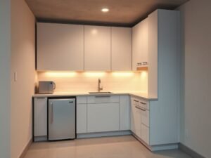 Modern small basement kitchenette with L-shaped design, white cabinets, quartz countertop, and compact appliances.