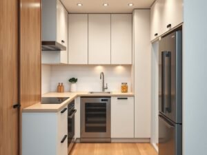 Modern small kitchen remodel with white cabinets, open shelving, and bright lighting