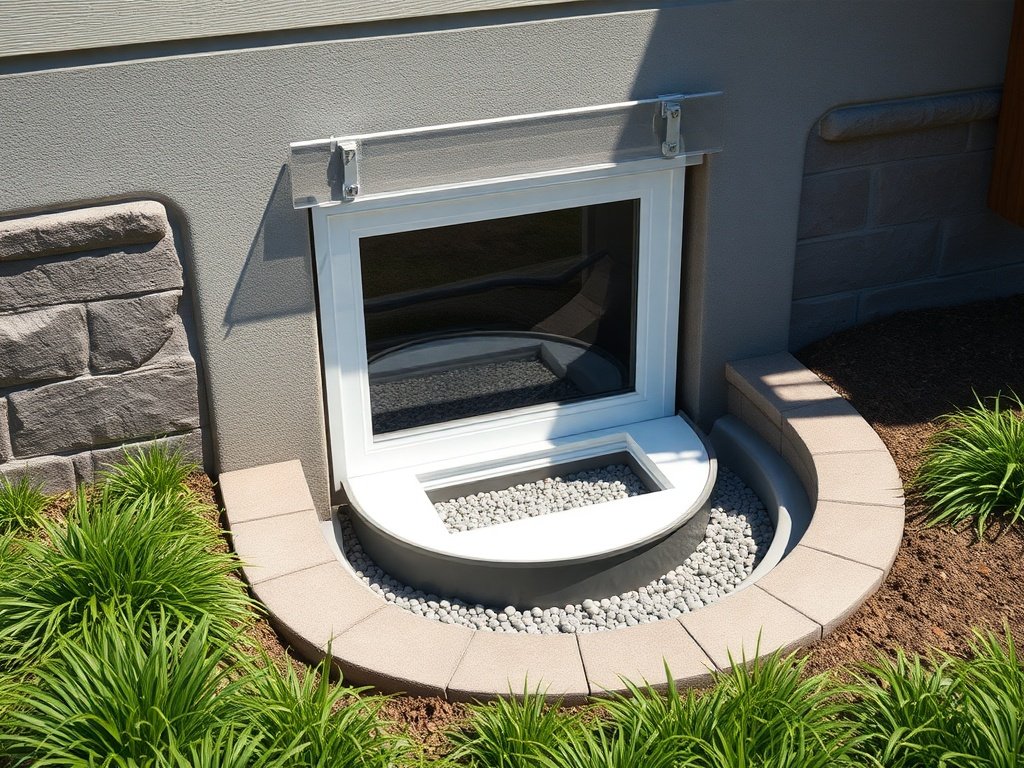 Basement window well with drainage system and protective cover to prevent water leakage and improve durability