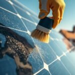 Worker removing dust from solar panels with a soft bristle cleaning brush.