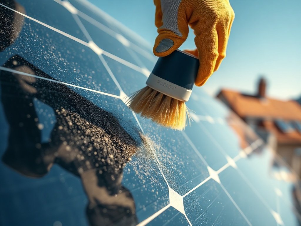 Worker removing dust from solar panels with a soft bristle cleaning brush.