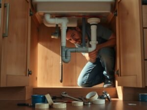 DIY homeowner dealing with misaligned kitchen sink drain pipes and leaking plumbing connections under a modern kitchen sink.