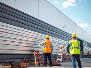 Commercial siding services being performed on a modern business property exterior.