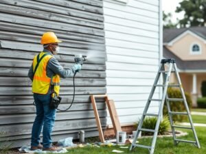 Worker providing siding painting services to refresh an older home exterior.